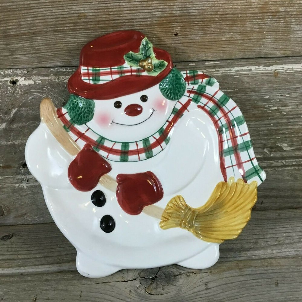 Fitz & Floyd Plaid Christmas Snowman Canape Plate - Appetizer Plate/Wall Hanging